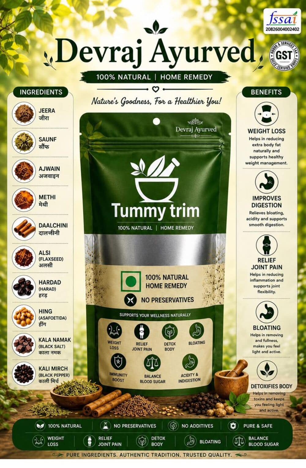 Devraj Ayurved Tummy Trim — full ingredients and benefits label